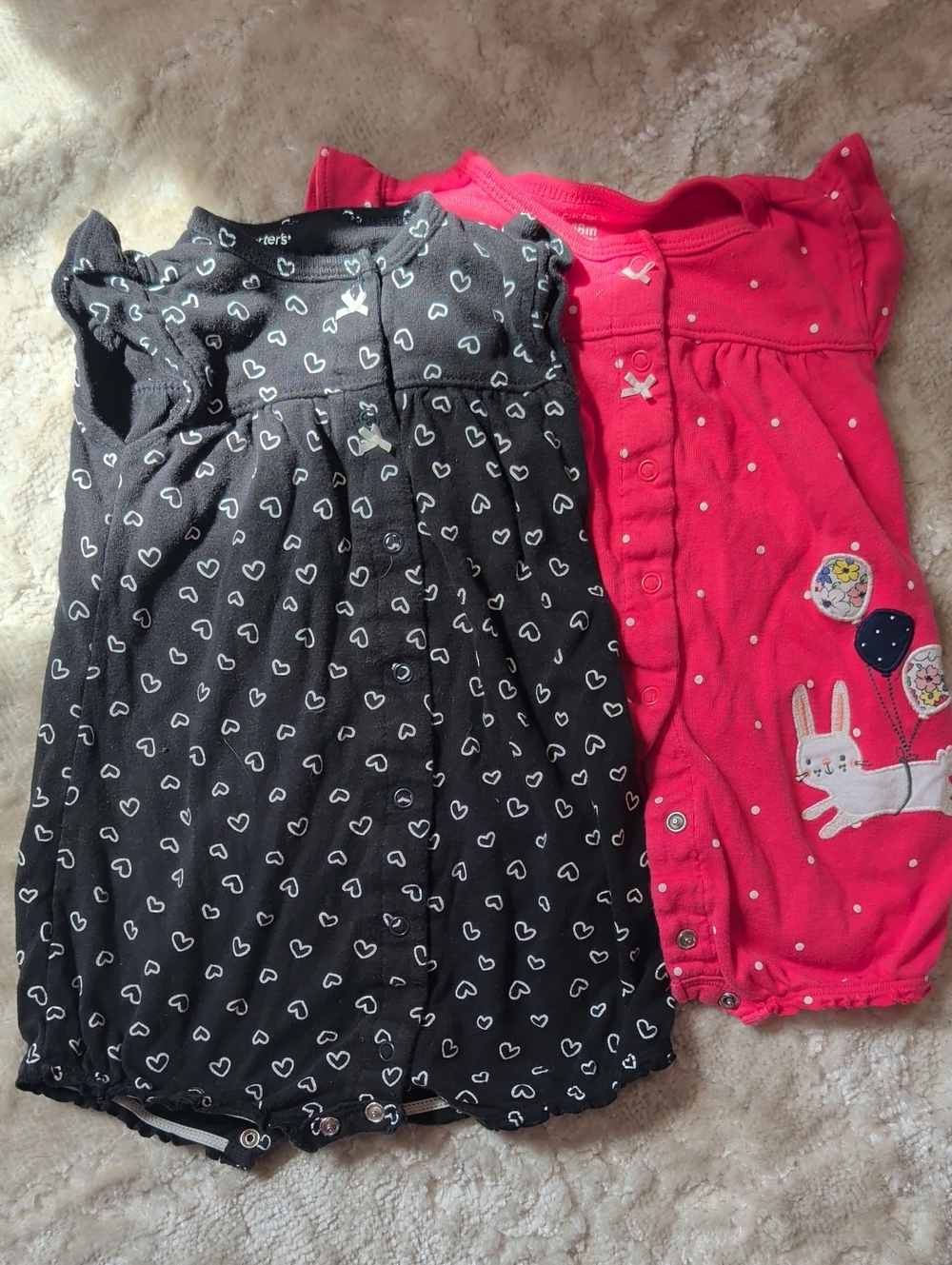 Carter's Black Heart Print & Pink Bunny Cotton Rompers